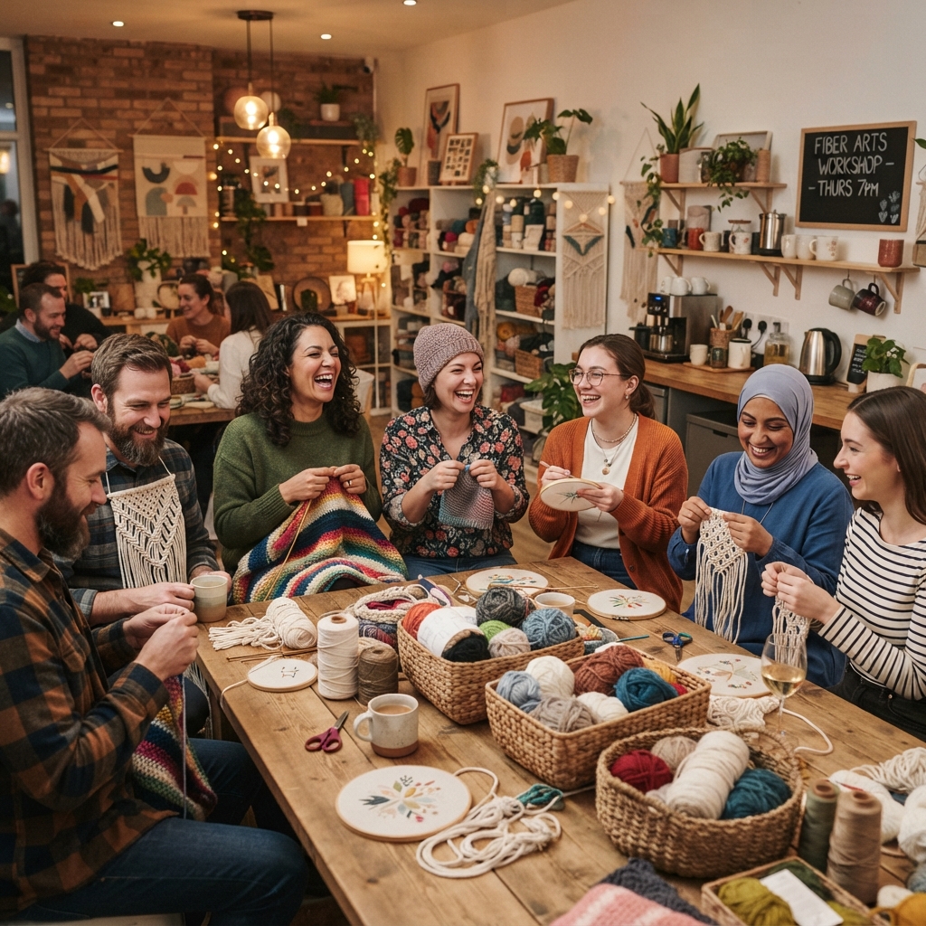 Adults crocheting together at a relaxed evening class