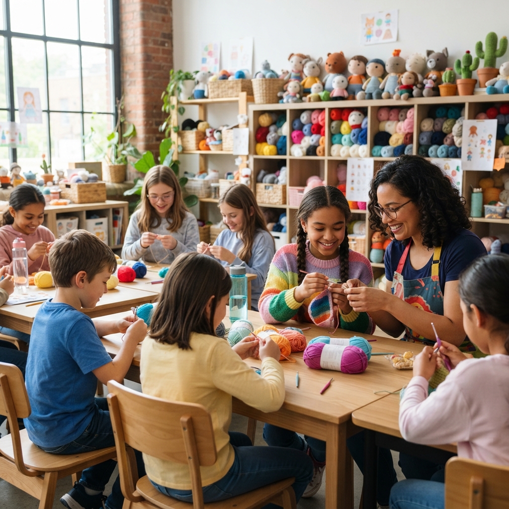 A teacher guiding young students through their first crochet stitches