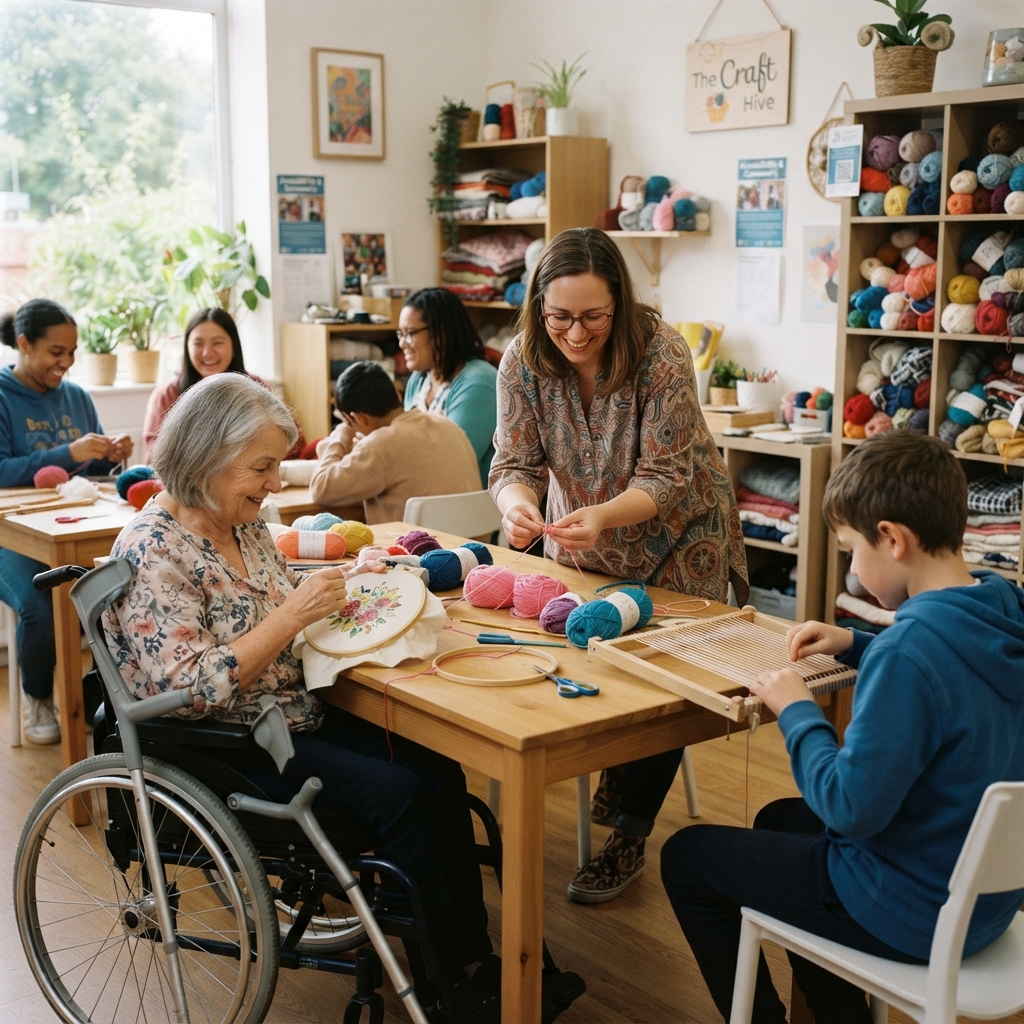 A bright craft classroom mid-session